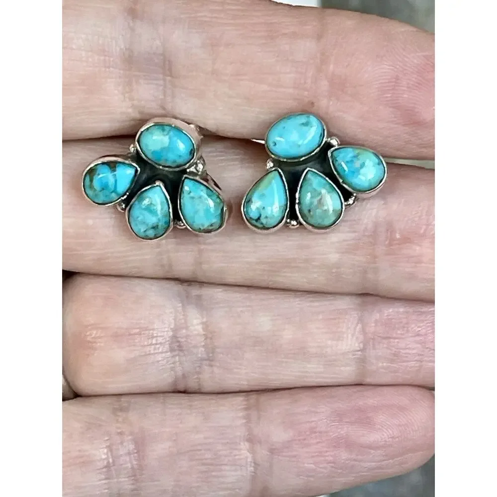Turquoise Cluster Stud Earrings Sterling Silver Native Style Southwest Jewelry - Picture 7 of 8